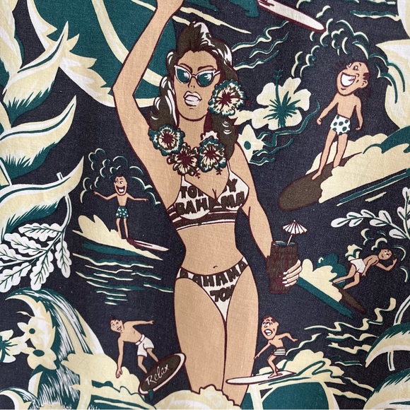 Tommy Bahama Vintage Hawaiian Surfer Girl Short Sleeve Shirt  Green Yellow Large - Picture 6 of 10